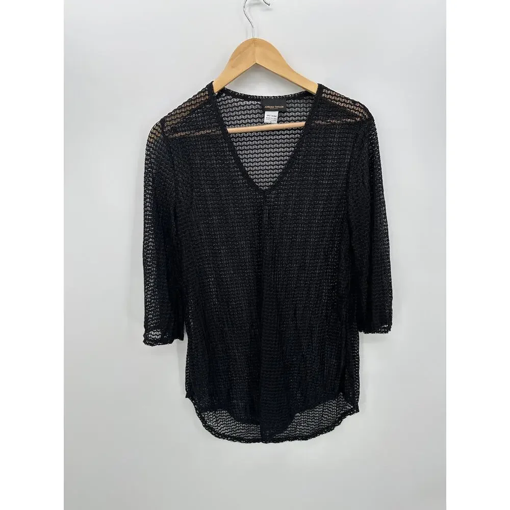 Jordan Taylor Sheer Black Tunic Swim Cover-Up V-Neck Bell‎ Sleeve Size S Beach